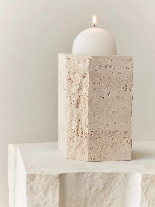 GALLERY OBJECT CANDLE HOLDER TALL - LOUISE ROE - BEIGE TRAVERTINE