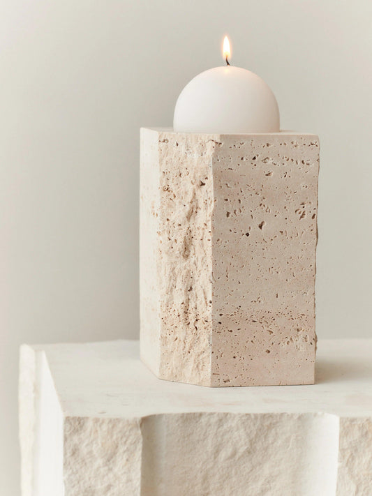 GALLERY OBJECT CANDLE HOLDER TALL - LOUISE ROE - BEIGE TRAVERTINE