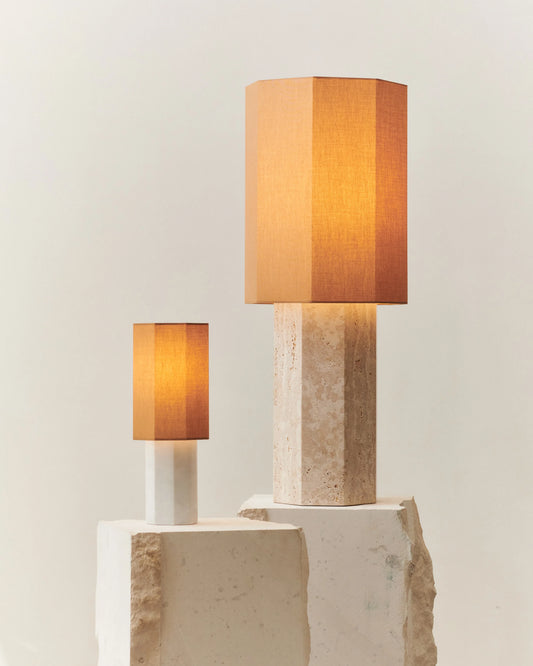 EIGHT OVER EIGHT LAMP BEIGE TRAVERTINE LARGE - LOUISE ROE - BRASS